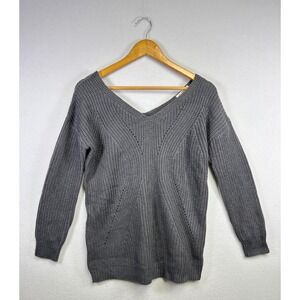 Poof Apparel Gray V Neck Knit‎ Sweater Size S Long Sleeve Cable Knit